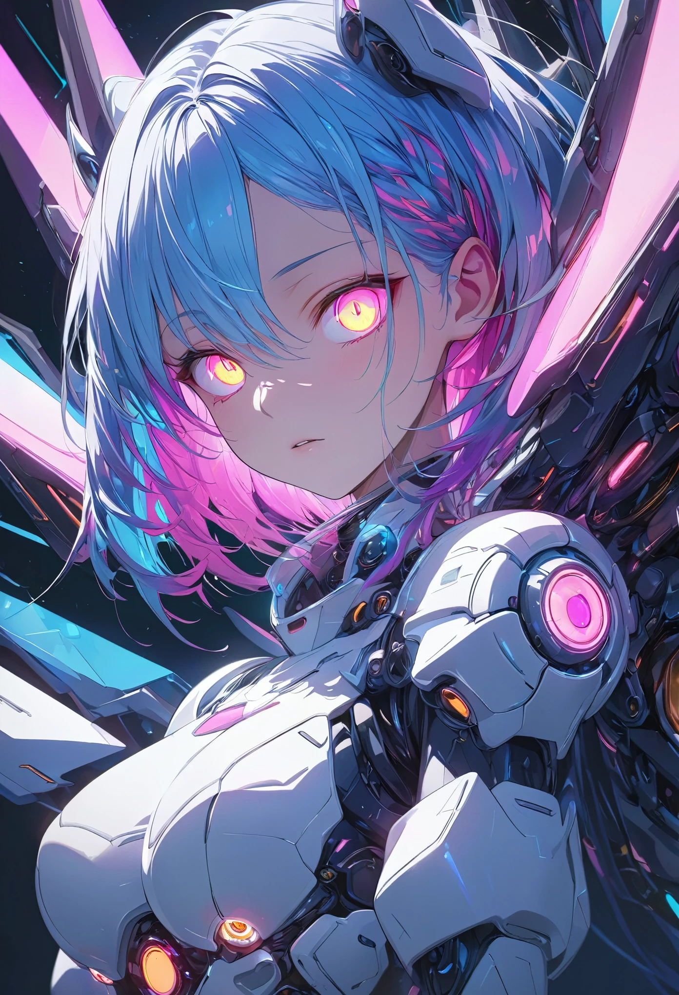 glowing eyes, colourful glowing hair, gradient hair, anime style, high detail, Futurism, glowing light, UHD, retina, masterpiece, ccurate, anatomically correct, textured skin, super detail, high details, high quality, award winning, best quality, highres