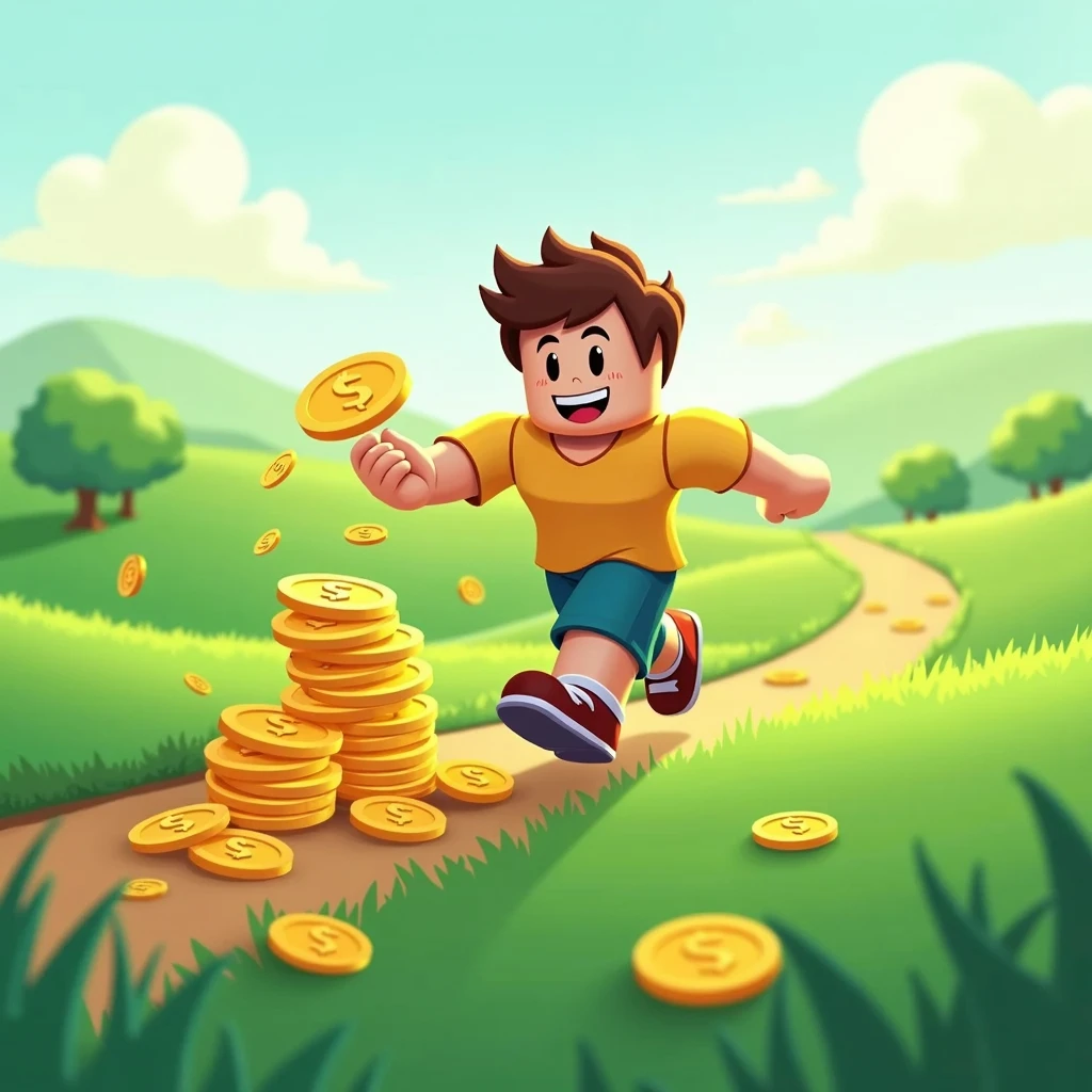 make a logo for the coins collector game where the cartoon man from the Roblox game walks across the field and collects coins