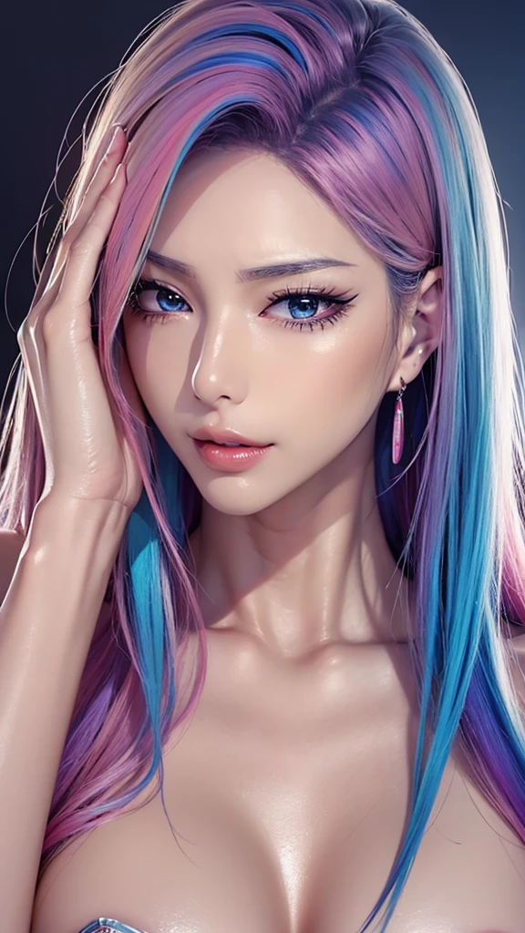 (Cinematic Digital Artwork: 1.3), High quality, masutepiece, of the highest quality, Super Detail, Illustration, [4K Digital Art]、 lndswgnr, (Sharp Focus: 1.5), (Moody lighting:1.2), depth of fields, Bokeh, 4K 、High resolution, ultra-detailliert, the Extremely Detailed CG Unity 8K Wallpapers, Realistic, Photorealsitic, Raw photo, beautifull detailed face, pale skin, realistic glistening skin, Detailed Cloth Texture, detailed hair texture, Perfect body, Beautiful face, acurate, Anatomically correct, Highly detailed face, Eye and skin texture, Natural neck length, (Beautiful eyes), (Beautiful hands), (Glossy skin:1.2), thin legs, Thin feet, Detailed people、A detailed face、细致背景、 

(masutepiece), (((Highest Quality)), (super detailed), 1 girl, (Iridescent hair, Colorful hair, Half blue and half pink hair: 1.2), 20 years old, (: 1.2), Midsummer Night, Bangs, Smile, sky-blue eyes, Perfect hands, Perfect hands, Hand Details, Corrected Fingers. earrings, Night Store + Background, Streets of Kyoto、up looking_で_viewer, Cowboy Shot, of the highest quality, rich detail, Perfect image quality, dark blue gray tone、Night representation、Pinky Pink Lip Stick、eye make up、mascara、eye liner、eye shadow、In the bedroom of the inn、Lie down in a sexy pose、NSFW