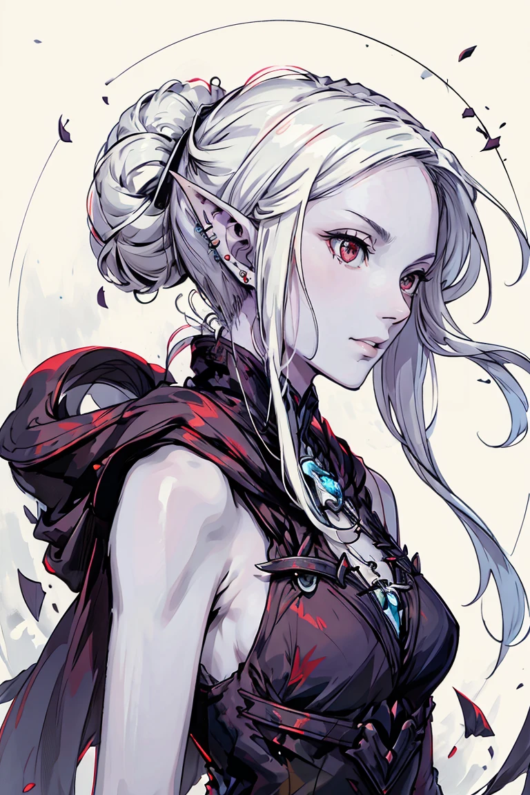 drow,white hair, female, pointy ears, solo, Calm slightly smile, elf, red eyes, long hair, colored skin, white hair, pale skin, silver jewelry, earrings, hair bun, short hair, bare shoulders, profile, upper body, from side, piercing, artist name, ear piercing, nose, lipasterpiece, best quality)), art by greg rutkowski
