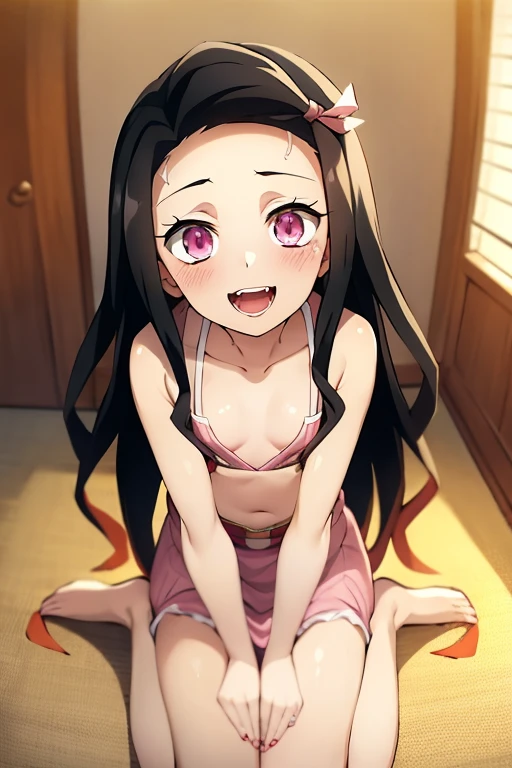 ((Best Quality)), ((masterpiece)), (be familiar with),  perfect face, indoor, bedroom,  watching viewers,
One woman, Kamado Nezuko,
 characters with open mouth ,  ecstatic expression, blush, smile,
Small breasts,  flat chest, Young girl, Lori,  ,  girl,
Long Hair,  long hair,
Leg spread,