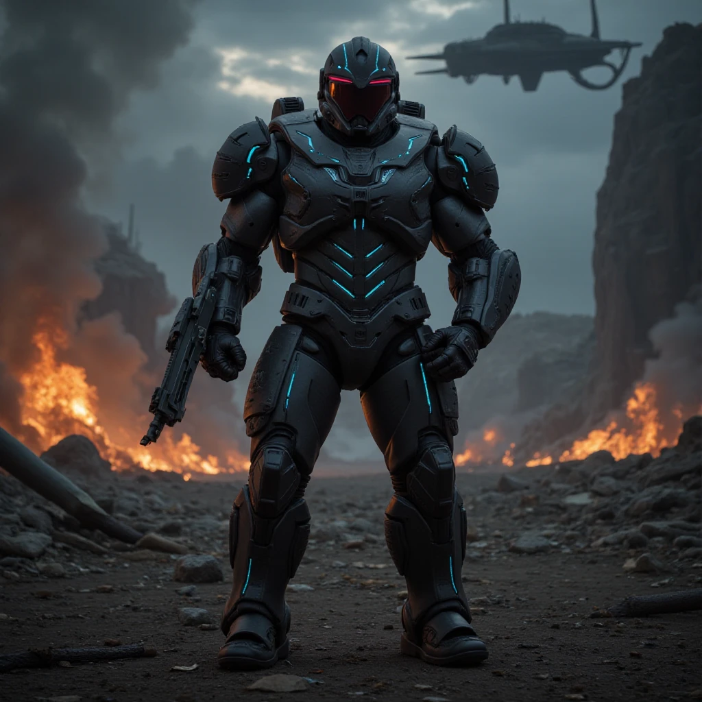 full body shot, evil villain, science fiction soldier in heavy armor. The soldier is clad in a high-tech, futuristic exoskeleton suit, featuring bulky, angular plates and glowing energy lines that run across the armor's surface. The helmet is sleek and fully enclosed, with a glowing visor that adds a sense of mystery. The armor is equipped with advanced weaponry, such as an energy rifle and a large, mechanized arm attachment. The background is a war-torn, alien battlefield with smoking craters, twisted metal, and a dark, ominous sky filled with distant explosions and spacecraft. The soldier stands in a powerful, ready-for-battle pose, exuding strength and determination. The overall composition should convey a sense of high-stakes conflict, advanced technology, and unwavering resolve in the face of an unknown threat.