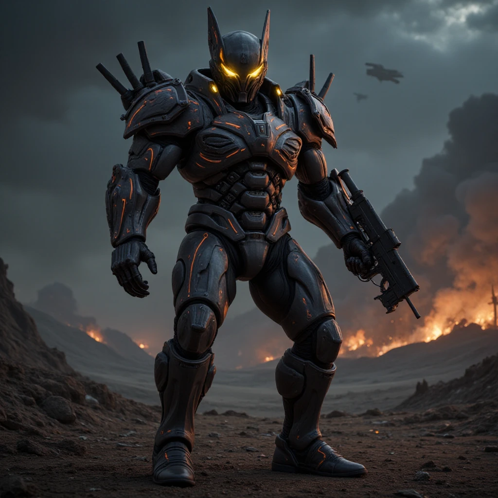 full body shot, evil villain, science fiction soldier in heavy armor. The soldier is clad in a high-tech, futuristic exoskeleton suit, featuring bulky, angular plates and glowing energy lines that run across the armor's surface. The helmet is sleek and fully enclosed, with a glowing visor that adds a sense of mystery. The armor is equipped with advanced weaponry, such as an energy rifle and a large, mechanized arm attachment. The background is a war-torn, alien battlefield with smoking craters, twisted metal, and a dark, ominous sky filled with distant explosions and spacecraft. The soldier stands in a powerful, ready-for-battle pose, exuding strength and determination. The overall composition should convey a sense of high-stakes conflict, advanced technology, and unwavering resolve in the face of an unknown threat.