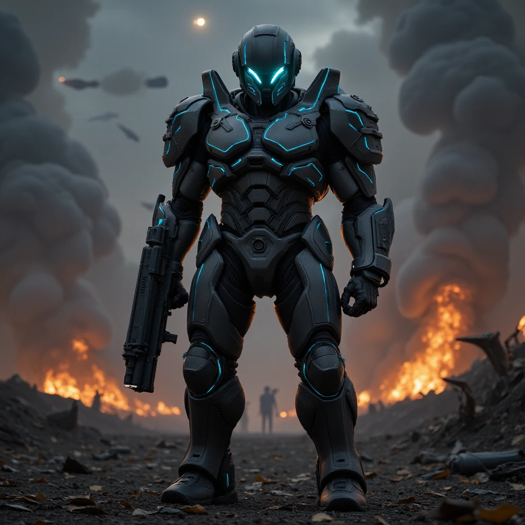 full body shot, evil villain, science fiction soldier in heavy armor. The soldier is clad in a high-tech, futuristic exoskeleton suit, featuring bulky, angular plates and glowing energy lines that run across the armor's surface. The helmet is sleek and fully enclosed, with a glowing visor that adds a sense of mystery. The armor is equipped with advanced weaponry, such as an energy rifle and a large, mechanized arm attachment. The background is a war-torn, alien battlefield with smoking craters, twisted metal, and a dark, ominous sky filled with distant explosions and spacecraft. The soldier stands in a powerful, ready-for-battle pose, exuding strength and determination. The overall composition should convey a sense of high-stakes conflict, advanced technology, and unwavering resolve in the face of an unknown threat.