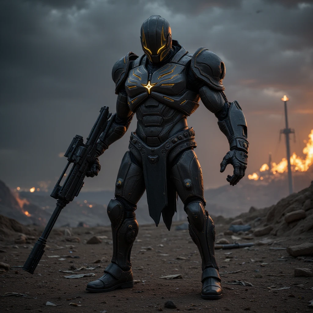 full body shot, evil villain, science fiction soldier in heavy armor. The soldier is clad in a high-tech, futuristic exoskeleton suit, featuring bulky, angular plates and glowing energy lines that run across the armor's surface. The helmet is sleek and fully enclosed, with a glowing visor that adds a sense of mystery. The armor is equipped with advanced weaponry, such as an energy rifle and a large, mechanized arm attachment. The background is a war-torn, alien battlefield with smoking craters, twisted metal, and a dark, ominous sky filled with distant explosions and spacecraft. The soldier stands in a powerful, ready-for-battle pose, exuding strength and determination. The overall composition should convey a sense of high-stakes conflict, advanced technology, and unwavering resolve in the face of an unknown threat.