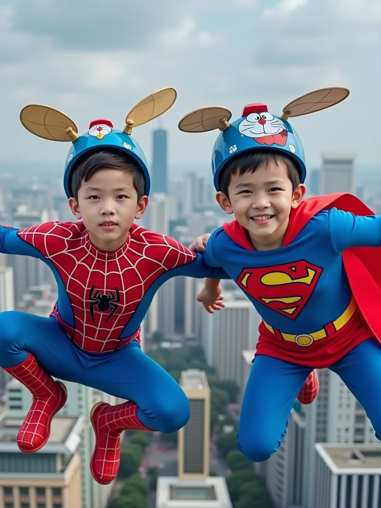 two cute kids as Batman and Spiderman, Batman is 7 years old and Spiderman is 3 years old, batman has black hair, short hair, no mask, facing camera, look at the camera, extremely detailed portrait, beautiful detailed eyes, beautiful detailed lips, extremely detailed facial features, detailed superhero costume, superhero poses, dynamic action, vibrant colors, cinematic lighting, epic fantasy, digital art, 8k, high resolution, hyper detailed, photorealisti4