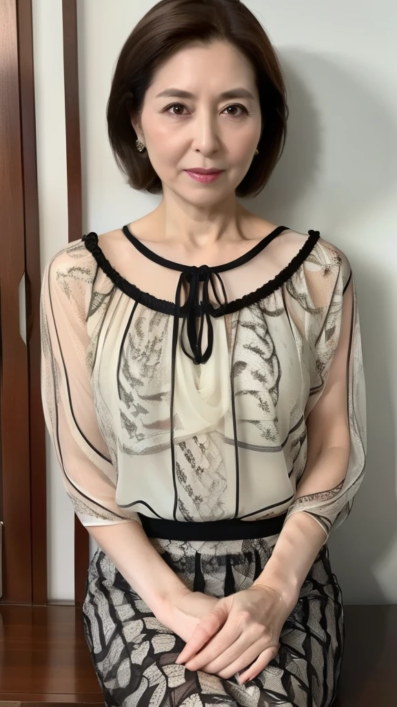 High image quality, High image quality, attention to detail , masterpiece,(Middle-aged body type:1.2), anatomically accurate body that brings the breast to the center , sharp, (( Japanese:1.1)),(( mature woman )),(90-year-old woman:1.5),((Facial wrinkles)), Dark brown hair ,(Long Hair:1.1), bangs,((( sitting ))), Standing in the Center of the Screen ,Looking at the photographer,( Patterned Sheer Blouse :1.4),( Tight Skirt :1.2),( head to thigh :1.1),In the bedroom,(Expressionless:1.4),(elder:1.5),Ordinary housewife:1.3,Thin face,sharpcontour