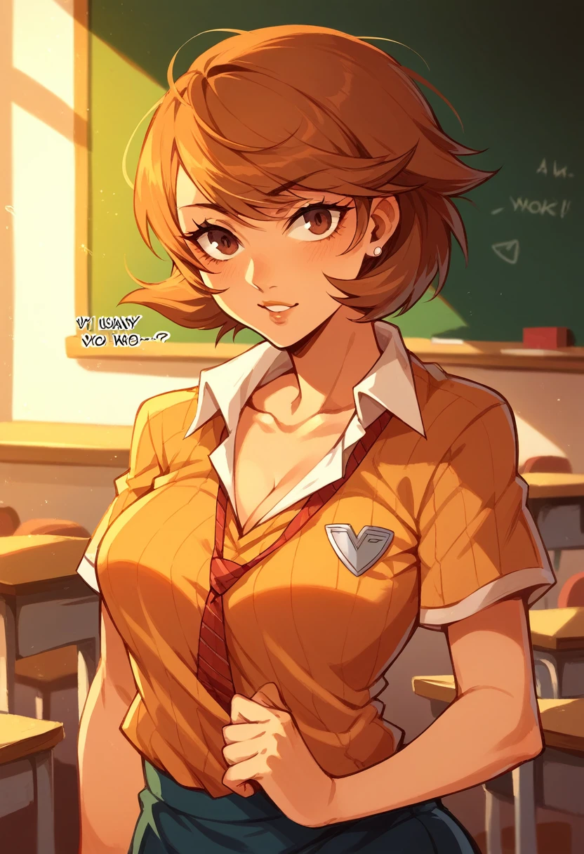 yukari takeba persona 3, student clothes,  short brown hair, beautiful, Talking to teacher, In love with the teacher