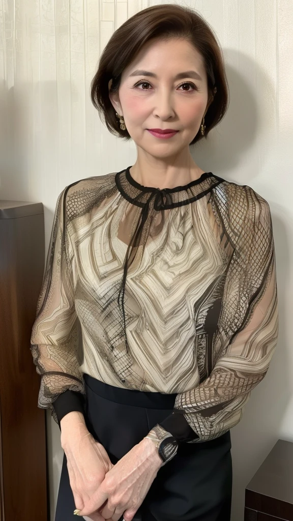 High image quality, High image quality, attention to detail , masterpiece,(Middle-aged body type:1.2), anatomically accurate body that brings the breast to the center , sharp, (( Japanese:1.1)),(( mature woman )),(90-year-old woman:1.6),((Facial wrinkles)), Dark brown hair ,(Long Hair:1.1), bangs,((( sitting ))), Standing in the Center of the Screen ,Looking at the photographer,( Patterned Sheer Blouse :1.4),( Tight Skirt :1.2),( head to thigh :1.1),In the bedroom,(Expressionless:1.4),(elder:1.5),Ordinary housewife:1.3,Thin face,sharpcontour