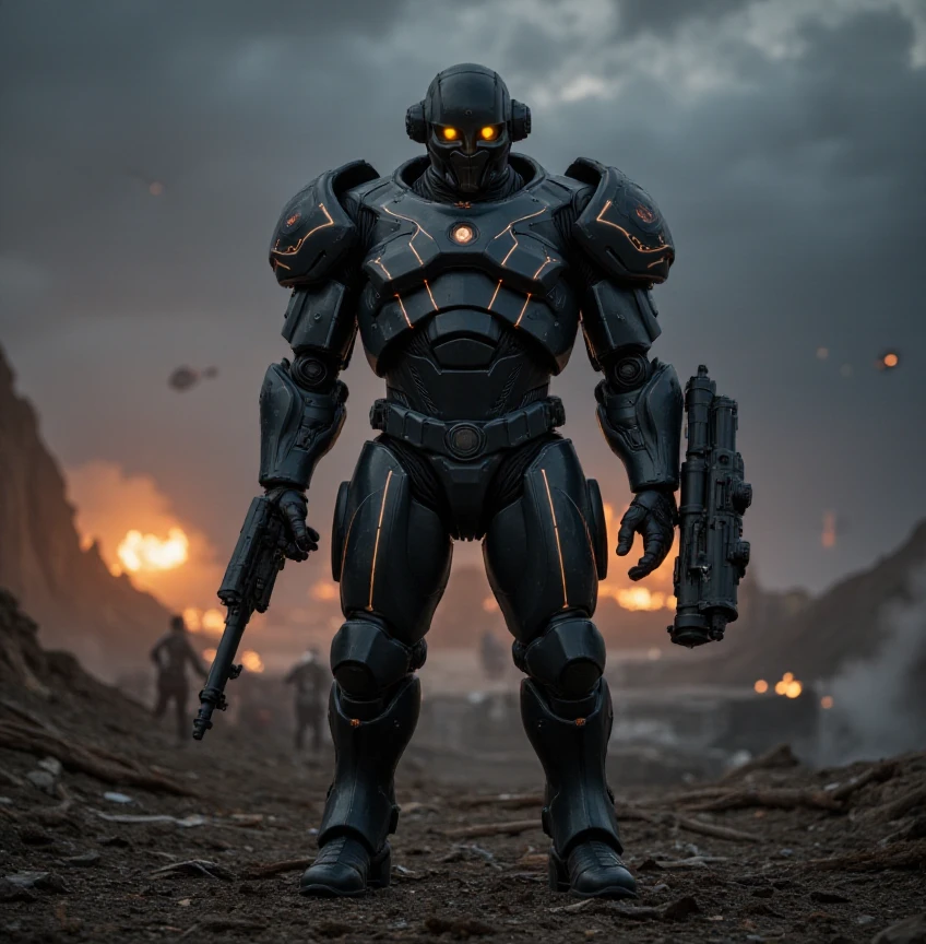 full body shot, evil villain, invader, science fiction soldier in heavy armor. The soldier is clad in a high-tech, futuristic exoskeleton suit, featuring bulky, angular plates and glowing energy lines that run across the armor's surface. The helmet is sleek and fully enclosed, with a glowing visor that adds a sense of mystery. The armor is equipped with advanced weaponry, such as an energy rifle and a large, mechanized arm attachment. The background is a war-torn, alien battlefield with smoking craters, twisted metal, and a dark, ominous sky filled with distant explosions and spacecraft. The soldier stands in a powerful, ready-for-battle pose, exuding strength and determination. The overall composition should convey a sense of high-stakes conflict, advanced technology, and unwavering resolve in the face of an unknown threat.