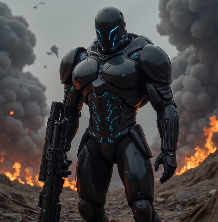 full body shot, evil villain, invader, science fiction soldier in heavy armor. The soldier is clad in a high-tech, futuristic exoskeleton suit, featuring bulky, angular plates and glowing energy lines that run across the armor's surface. The helmet is sleek and fully enclosed, with a glowing visor that adds a sense of mystery. The armor is equipped with advanced weaponry, such as an energy rifle and a large, mechanized arm attachment. The background is a war-torn, alien battlefield with smoking craters, twisted metal, and a dark, ominous sky filled with distant explosions and spacecraft. The soldier stands in a powerful, ready-for-battle pose, exuding strength and determination. The overall composition should convey a sense of high-stakes conflict, advanced technology, and unwavering resolve in the face of an unknown threat.