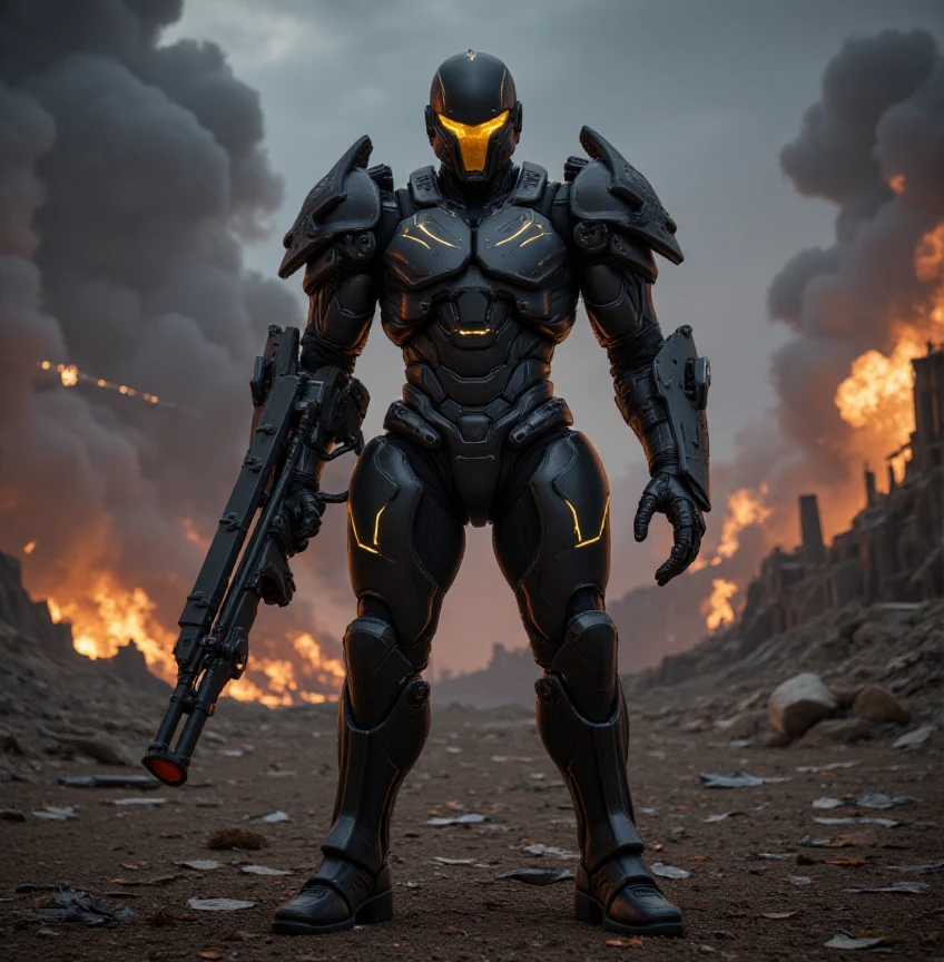 full body shot, evil villain, invader, science fiction soldier in heavy armor. The soldier is clad in a high-tech, futuristic exoskeleton suit, featuring bulky, angular plates and glowing energy lines that run across the armor's surface. The helmet is sleek and fully enclosed, with a glowing visor that adds a sense of mystery. The armor is equipped with advanced weaponry, such as an energy rifle and a large, mechanized arm attachment. The background is a war-torn, alien battlefield with smoking craters, twisted metal, and a dark, ominous sky filled with distant explosions and spacecraft. The soldier stands in a powerful, ready-for-battle pose, exuding strength and determination. The overall composition should convey a sense of high-stakes conflict, advanced technology, and unwavering resolve in the face of an unknown threat.