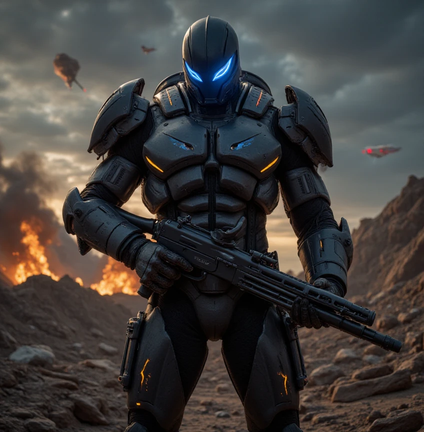 full body shot, evil villain, invader, science fiction soldier in heavy armor. The soldier is clad in a high-tech, futuristic exoskeleton suit, featuring bulky, angular plates and glowing energy lines that run across the armor's surface. The helmet is sleek and fully enclosed, with a glowing visor that adds a sense of mystery. The armor is equipped with advanced weaponry, such as an energy rifle and a large, mechanized arm attachment. The background is a war-torn, alien battlefield with smoking craters, twisted metal, and a dark, ominous sky filled with distant explosions and spacecraft. The soldier stands in a powerful, ready-for-battle pose, exuding strength and determination. The overall composition should convey a sense of high-stakes conflict, advanced technology, and unwavering resolve in the face of an unknown threat.