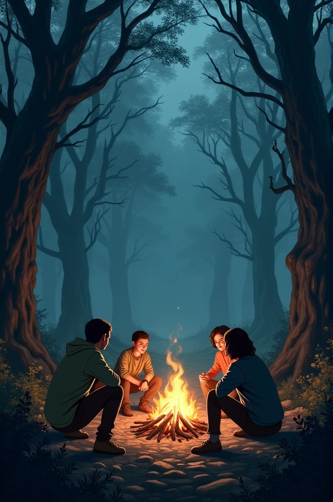 a woman and two men near a campfire talking