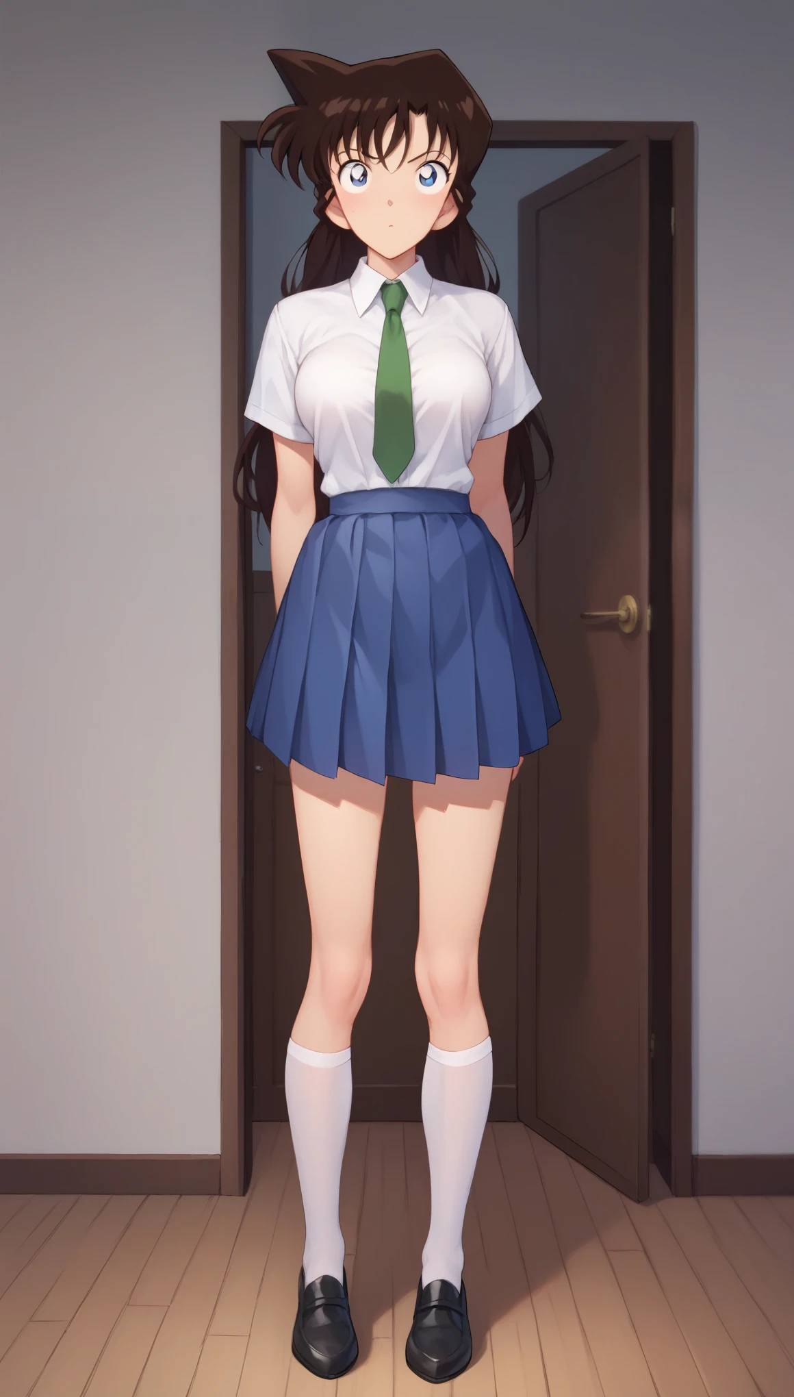 RanMoriDCXL, ran mori, detective conan, blue eyes, dark brown hair, long hair, 1 pointed hair, bangs, medium breasts, slender body, confused, white shirt, green necktie, blue pleated short skirt, white stockings, black shoes, solo, standing, looking at viewer, indoors, facing viewers, front view, hands to the side, standing straight