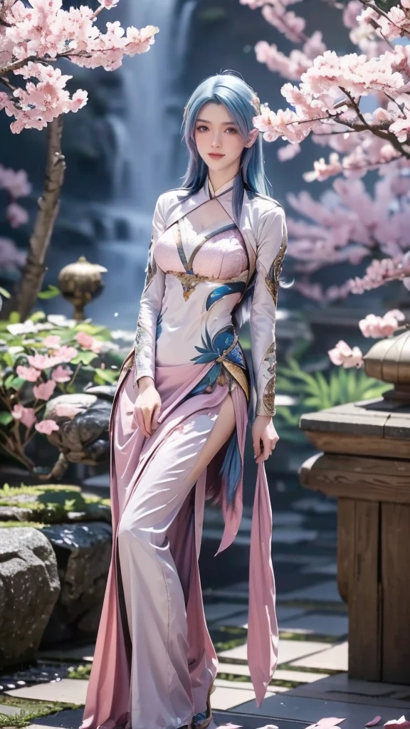 1girl, Solo, High Resolution, 8K Octane, behind waterfall, Behind Pink Sakura tree and Falling leaves, 
Blue Hair, Masterpiece, Smile, 