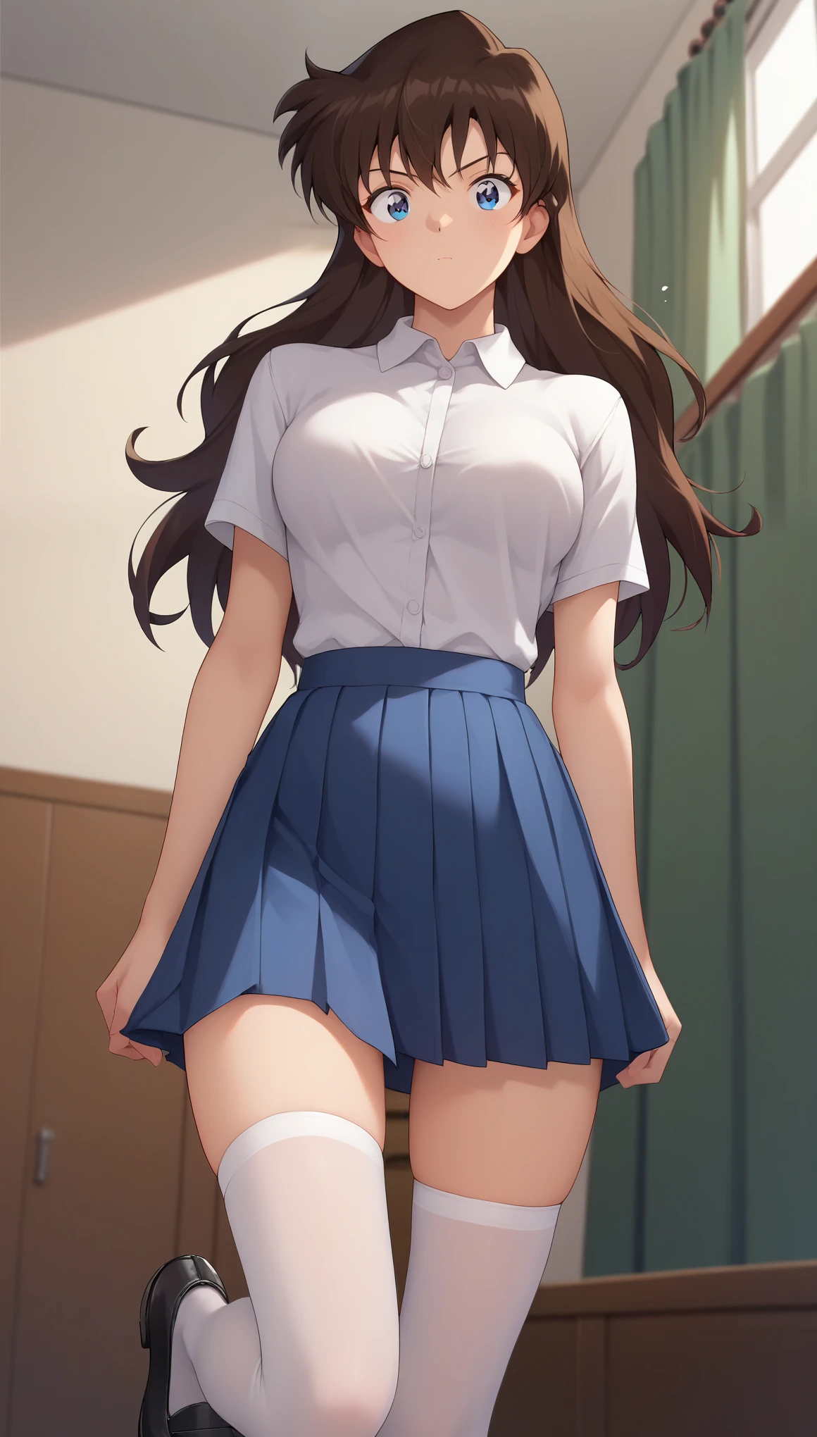 RanMoriDCXL, ran mori, detective conan, blue eyes, dark brown hair, long hair, 1 pointed hair, bangs, medium breasts, slender body, confused, white shirt, blue pleated short skirt, white stockings, black shoes, solo, standing, looking at viewer, indoors, facing viewers, front view, full front view, straight angle, hands to the side, standing straight