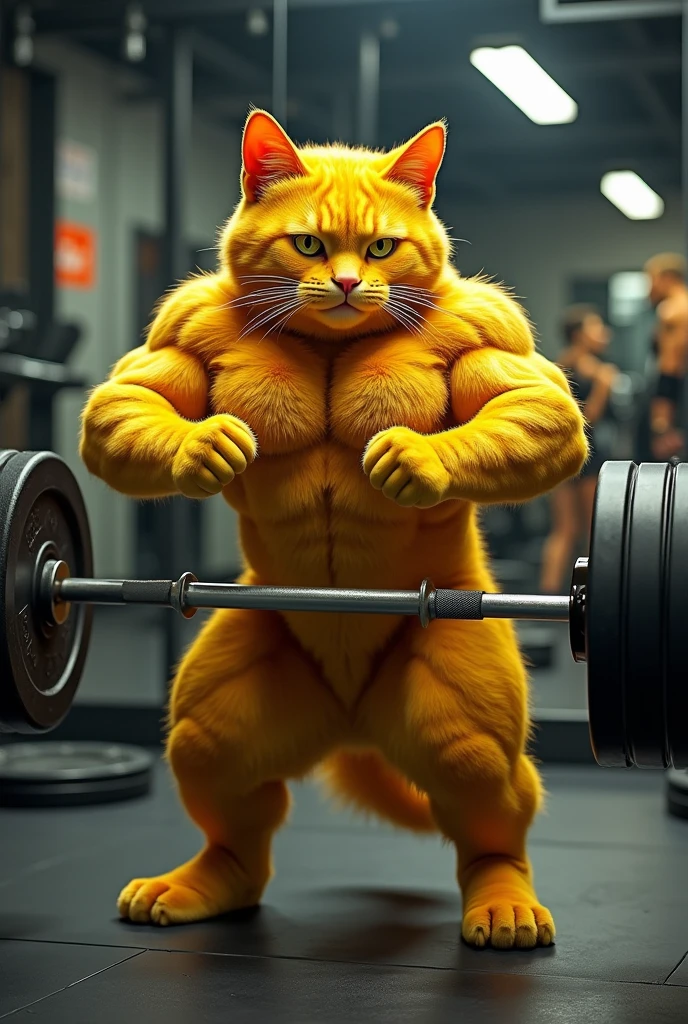 Draw a fitness cat,Standing form,Clean and jerk barbell,Working out at the gym。
