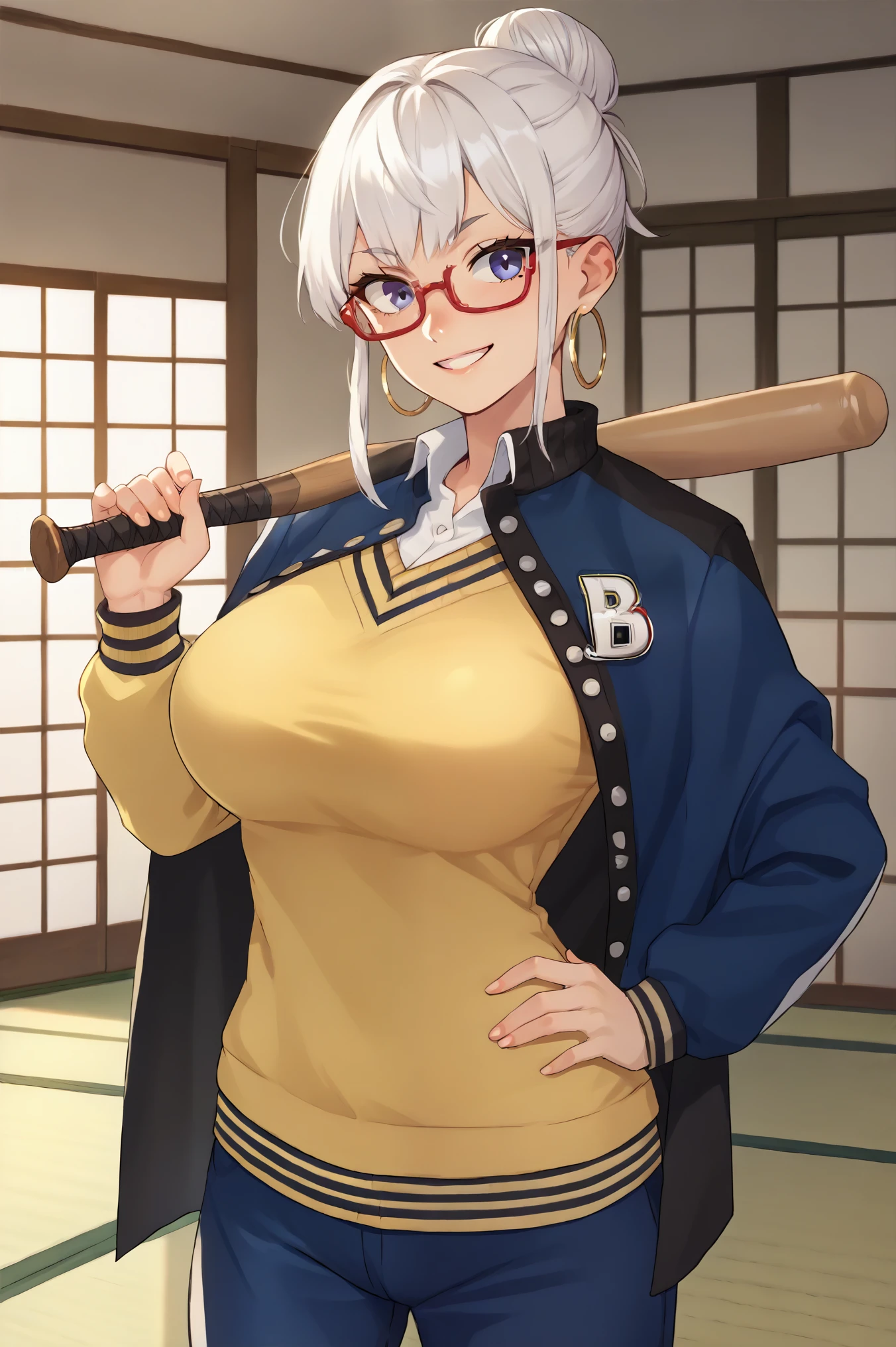 score_9, score_7_up, source_anime, seiko_wz, white hair, long hair, hair bun, single hair bun, large breasts, jacket, letterman jacket, sweater, yellow sweater, clavage, open clothes, open jacket, red glasses, two-tone jacket, multicolored jacket, blue jacket, white jacket, black cape, cape, hair ornament, hoop earrings, standing, looking at viewer, smile, indoors, room, tatami, hand on hip, holding baseball bat, weapon behind back, cowboy shot,