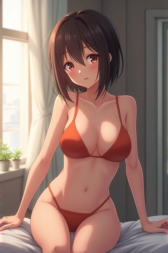 1girl, bikini, side-tie bikini bottom, ass,, masterpiece, best quality, highly detailed, short brown hair, pink detailing eyes,