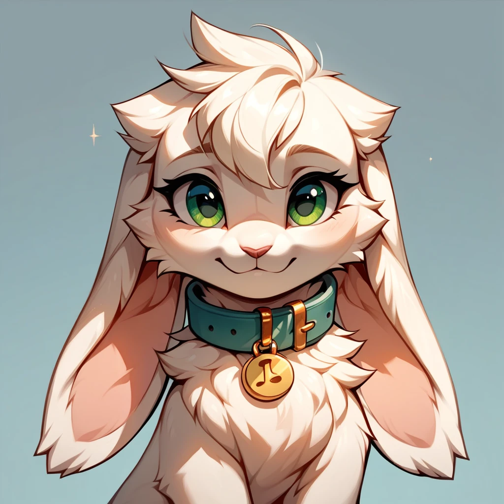 score_9, score_8_up, score_7_up, score_6_up, score_5_up, no humans, rating_safe, white-yellow furred buneary with lop ears and fluff, green eyes, and a giant oversized golden collar with symbols around neck, soft light background