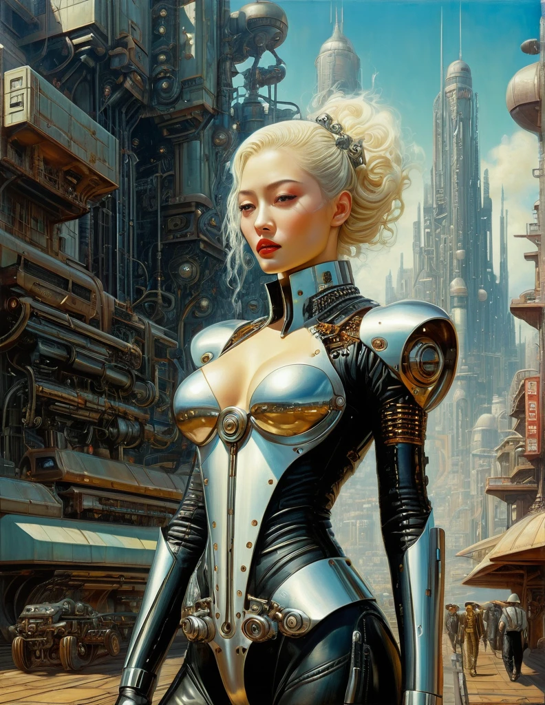 Kay Nielsen, Basil Gogos, Alberto Savinio, James Gurney, Surrealism, Cyberpunk Korean girl, cowboy shot, futuristic, mechanical aesthetics, complex machinery, high-tech futuristic Cyberpunk city in the background, virtual engine 5, cinematic lighting. pretty oil painting in the style of Leonor Fini