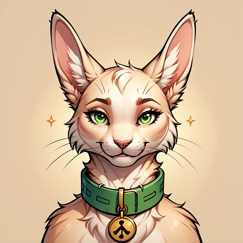 white-yellow furred buneary with lop ears and fluff, green eyes, and a giant oversized golden collar with symbols around neck, soft light background