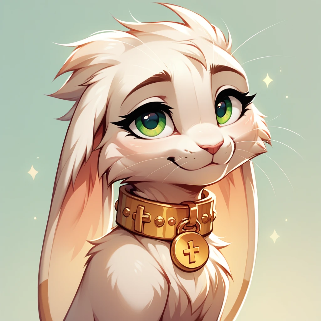 white-yellow furred buneary with lop ears and fluff, green eyes, and a giant oversized golden collar with symbols around neck, soft light background