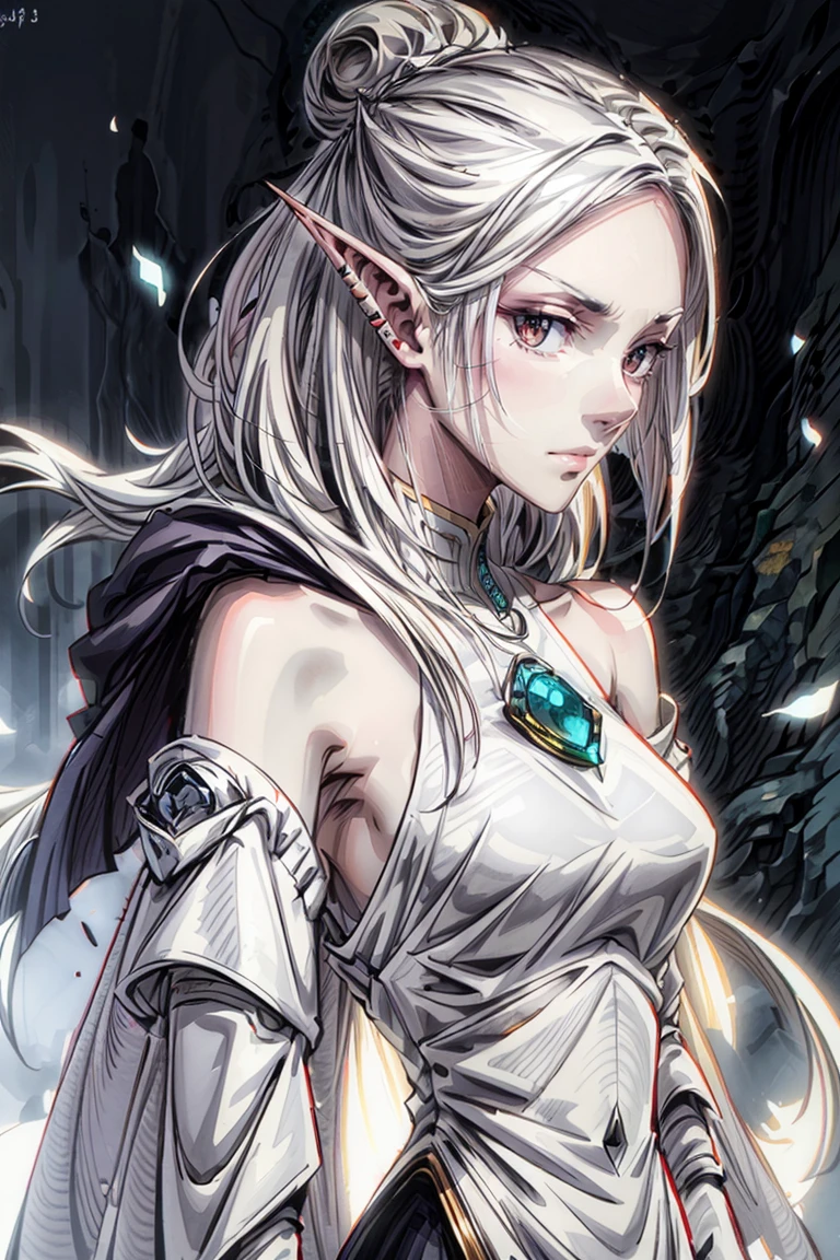 drow,white hair, female, pointy ears, solo, Calm slightly smile, elf, red eyes, long hair, colored skin, white hair, pale skin, silver jewelry, earrings, hair bun, short hair, bare shoulders, profile, upper body, from side, piercing, artist name, ear piercing, nose, lipasterpiece, best quality)), art by greg rutkowski
