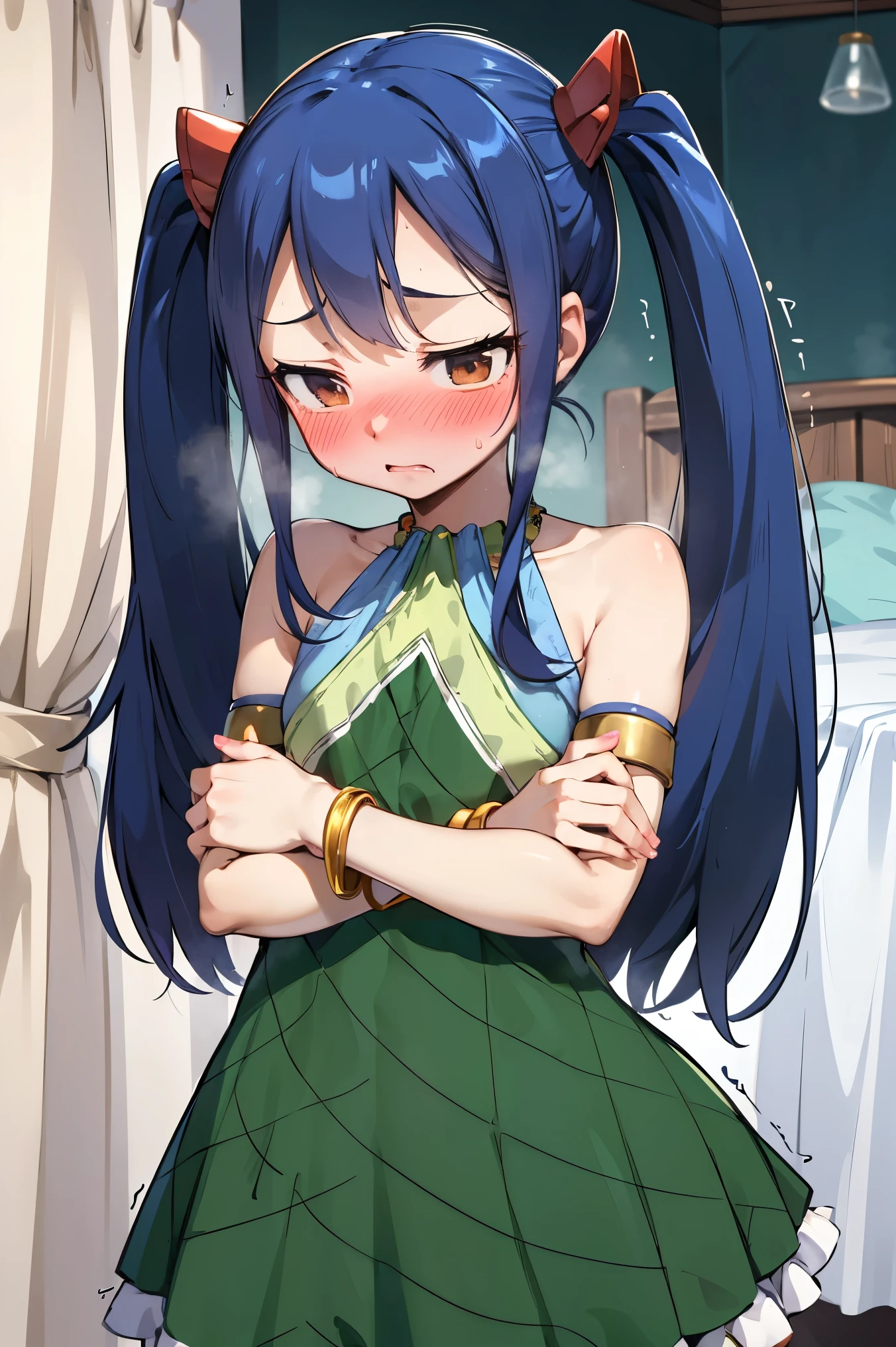 NSFW,masterpiece,Best Quality, Hi-Res, very detailed,Wendy\(Fairy Tail\), long hair、 twin tails、Hair accessories、Showing shoulders、Green Dress、 Sleeveless Dress 、Bracelet、 Bracelets,(Embarrassed:1.3),(blush:1.5),Night Inn ,Private room