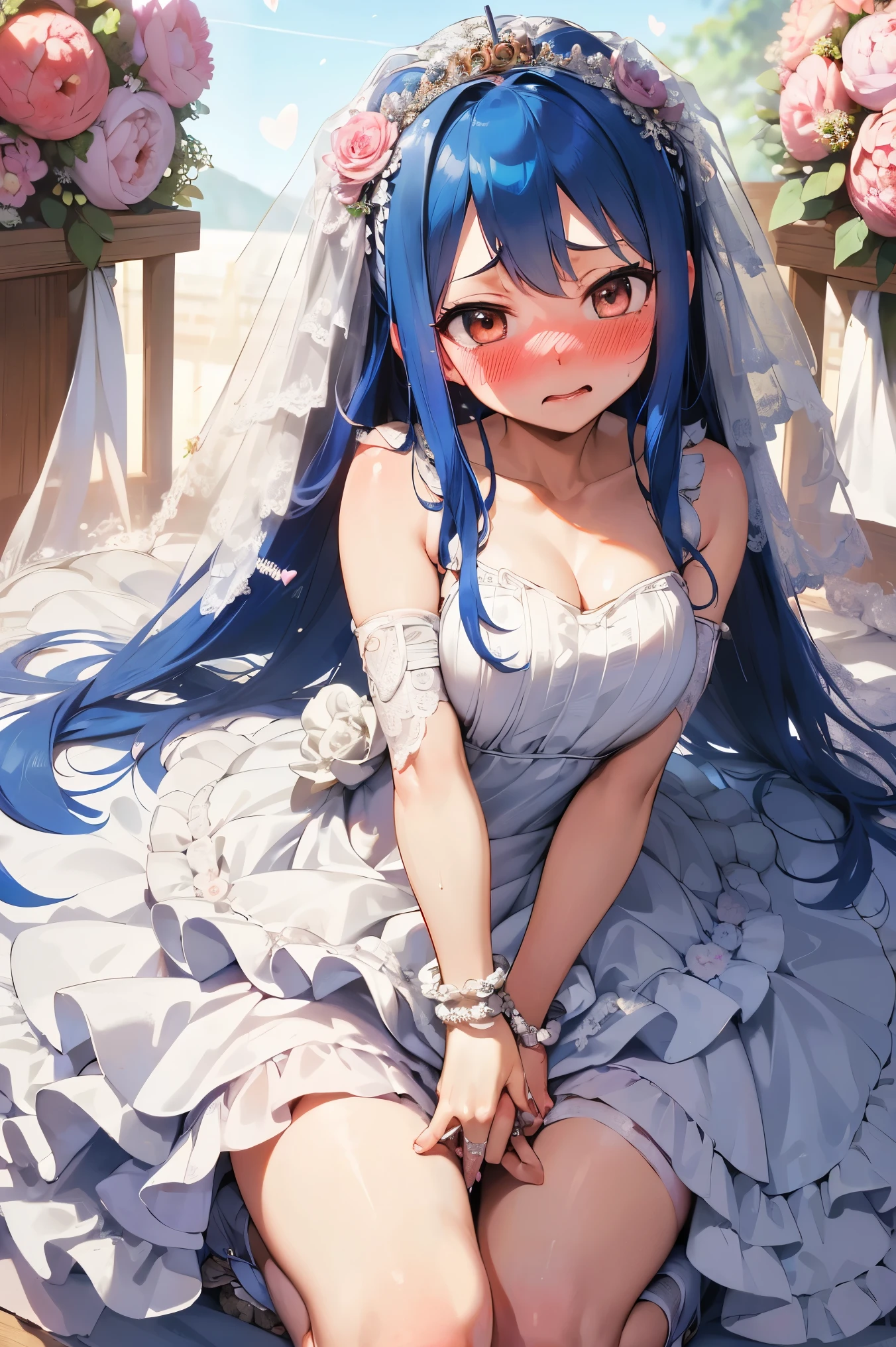 NSFW,masterpiece,Best Quality, Hi-Res, very detailed,Wendy\(Fairy Tail\), long hair、 twin tails, blue hair 、Hair accessories、( in her wedding dress :1.5)、Bracelet、 Bracelets,(Embarrassed:1.3),(blush:1.5),(I&#39;m nervous:1.5),church,cross