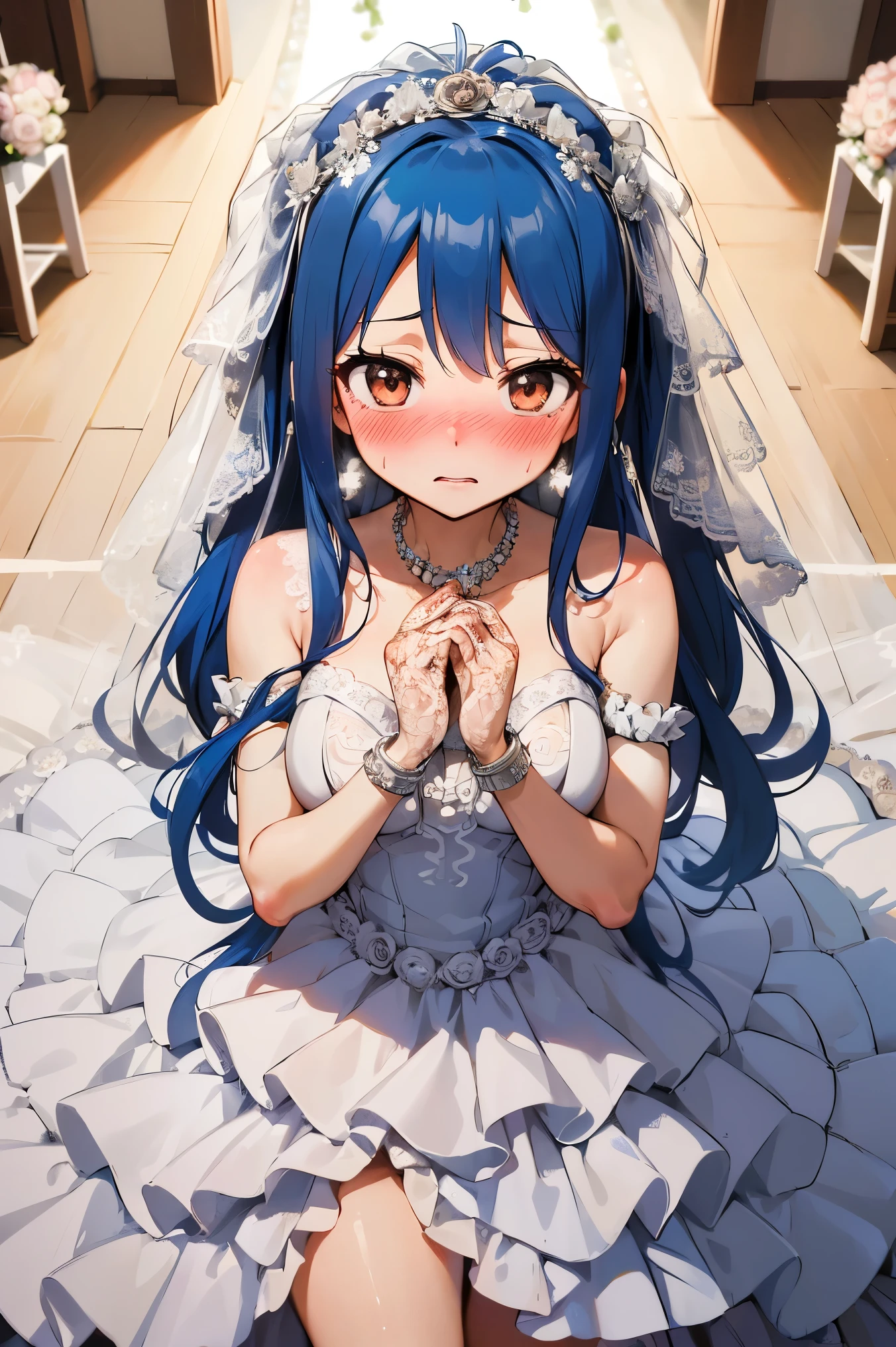 NSFW,masterpiece,Best Quality, Hi-Res, very detailed,Wendy\(Fairy Tail\), long hair、 twin tails, blue hair 、Hair accessories、( in her wedding dress :1.5)、Bracelet、 Bracelets,(Embarrassed:1.3),(blush:1.5),(I'm nervous:1.5),church,cross