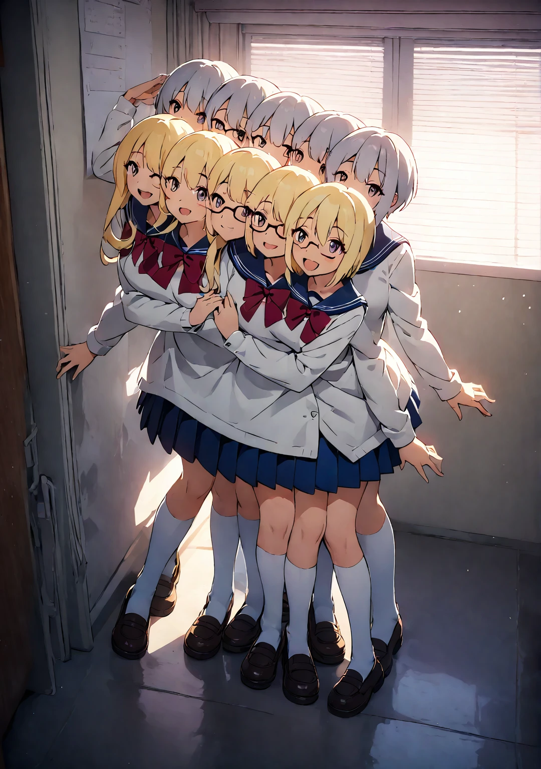 (masterpiece, best quality), best resolution, 16k, medium full shot, perspective view, front lighting, (schoolgirl, student, JK), 1girl, solo, (two heads, three heads: 1.5), (open eyes, open mouth, happy, smiling, wearing glasses), clean thick and thin lines, ribbons, anime cinematic, soft lighting, soft colors, digital painting, highly detailed, (in the classroom), indoor lighting