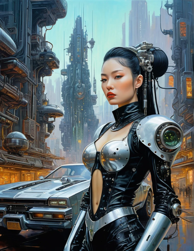 Kay Nielsen, Basil Gogos, Alberto Savinio, James Gurney, Surrealism, Cyberpunk Korean girl, cowboy shot, futuristic, mechanical aesthetics, complex machinery, high-tech futuristic Cyberpunk city in the background, virtual engine 5, cinematic lighting. pretty oil painting in the style of Leonor Fini