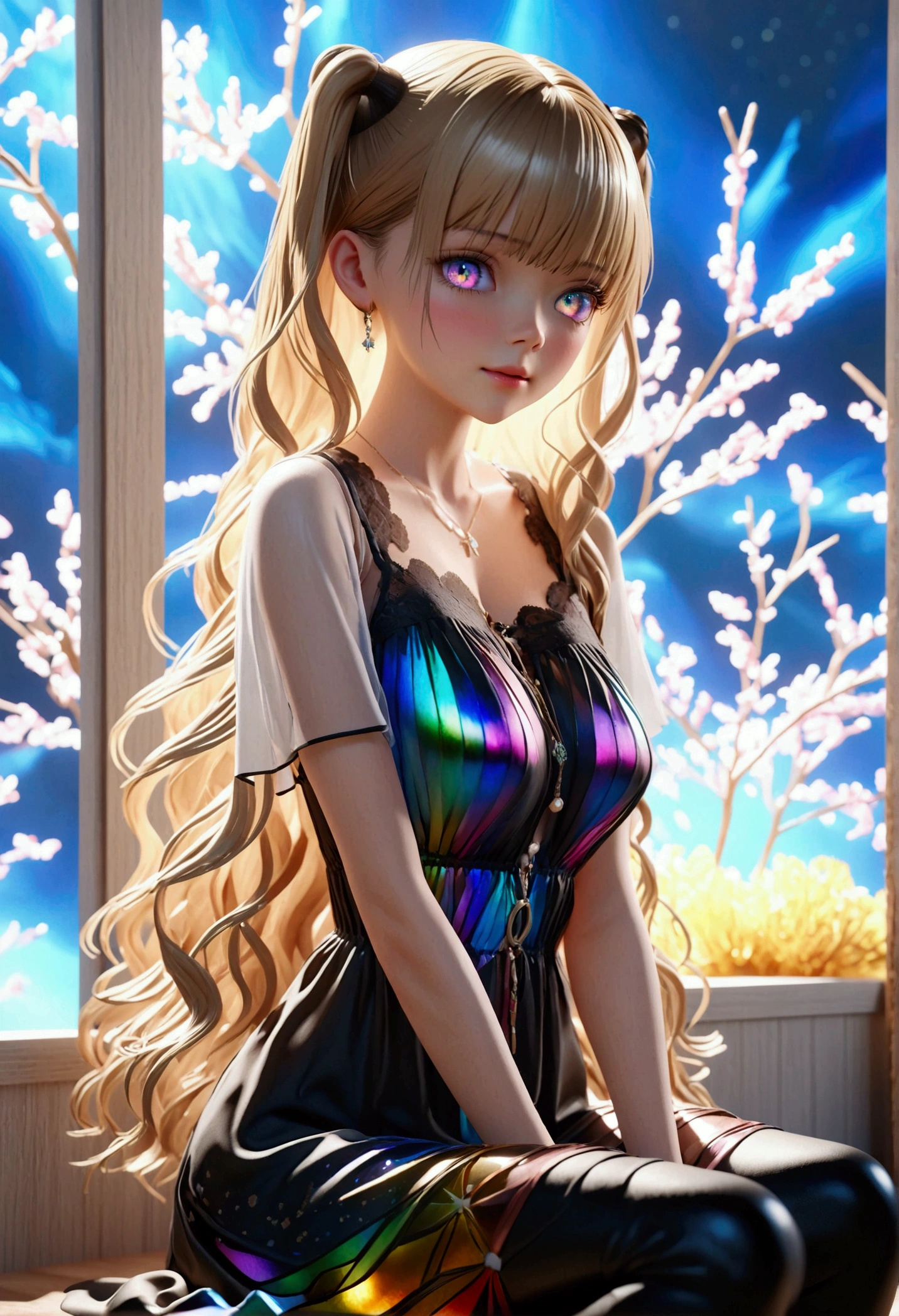 A girl with dyed honey light blonde hair, straight, shoulder-length hair, purple blouse, short white skirt