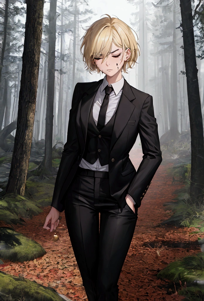 Score_9, score 8_up, score 7_up, high quality, semi realistic, uhd, 1girl, beautiful, very short blonde hair, very short hair, messy hair, without bangs, hazel eyes, eye highlights, fair skin, eyelashes, red eyeshadow, angry, beaten, sparkling, side view, looking at the side, upper body, white button down shirt, black tie, black pants, black shoes, face bruises, one eye closed, black eye, wounds, forest background, standing, defense position, anime scene, windy scene