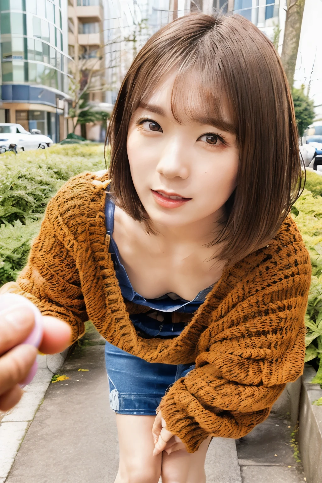 realistic, photo-realistic, masterpiece, best quality, high resolution, extremely detailed, intricate details, realistic and sharp details, cinematic lighting, portrait, lower angle, looking at viewer, solo, 1girl, a Japanese woman, leaning forward, (tiny breasts, loose sweater, miniskirt, down blouse, braless), ankle strap sandals, dark hair, bob cut hair, detailed face, beautiful detailed eyes, sophisticated nose, beautiful pupils, pale skin, (remote_play, remote_vibrating, half open mouth), photo background, outdoors, urban scape, residential area, the way to home, daytime, blue sky and clouds,