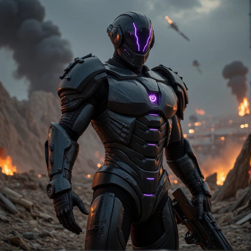 full body shot, evil villain, invader, science fiction soldier in heavy armor. The soldier is clad in a high-tech, futuristic exoskeleton suit, featuring bulky, angular plates and glowing energy lines that run across the armor's surface. The helmet is sleek and fully enclosed, with a glowing visor that adds a sense of mystery. The armor is equipped with advanced weaponry, such as an energy rifle and a large, mechanized arm attachment. The background is a war-torn, alien battlefield with smoking craters, twisted metal, and a dark, ominous sky filled with distant explosions and spacecraft. The soldier stands in a powerful, ready-for-battle pose, exuding strength and determination. The overall composition should convey a sense of high-stakes conflict, advanced technology, and unwavering resolve in the face of an unknown threat.