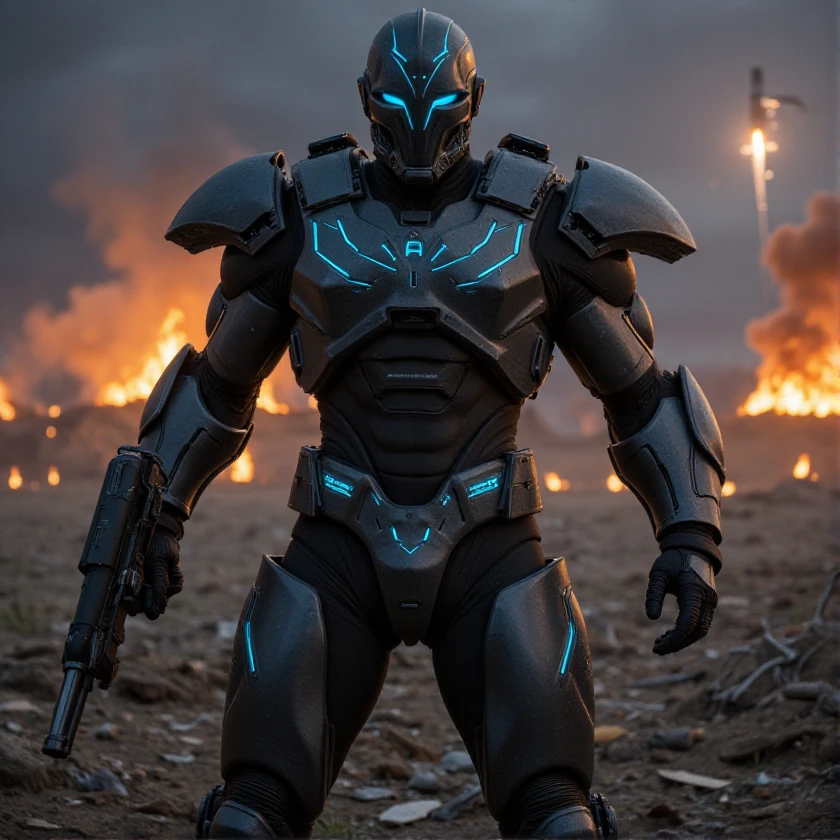 full body shot, evil villain, invader, science fiction soldier in heavy armor. The soldier is clad in a high-tech, futuristic exoskeleton suit, featuring bulky, angular plates and glowing energy lines that run across the armor's surface. The helmet is sleek and fully enclosed, with a glowing visor that adds a sense of mystery. The armor is equipped with advanced weaponry, such as an energy rifle and a large, mechanized arm attachment. The background is a war-torn, alien battlefield with smoking craters, twisted metal, and a dark, ominous sky filled with distant explosions and spacecraft. The soldier stands in a powerful, ready-for-battle pose, exuding strength and determination. The overall composition should convey a sense of high-stakes conflict, advanced technology, and unwavering resolve in the face of an unknown threat.