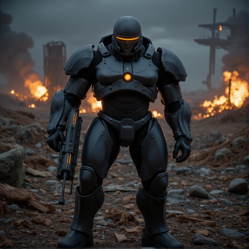 full body shot, evil villain, invader, science fiction soldier in heavy armor. The soldier is clad in a high-tech, futuristic exoskeleton suit, featuring bulky, angular plates and glowing energy lines that run across the armor's surface. The helmet is sleek and fully enclosed, with a glowing visor that adds a sense of mystery. The armor is equipped with advanced weaponry, such as an energy rifle and a large, mechanized arm attachment. The background is a war-torn, alien battlefield with smoking craters, twisted metal, and a dark, ominous sky filled with distant explosions and spacecraft. The soldier stands in a powerful, ready-for-battle pose, exuding strength and determination. The overall composition should convey a sense of high-stakes conflict, advanced technology, and unwavering resolve in the face of an unknown threat.