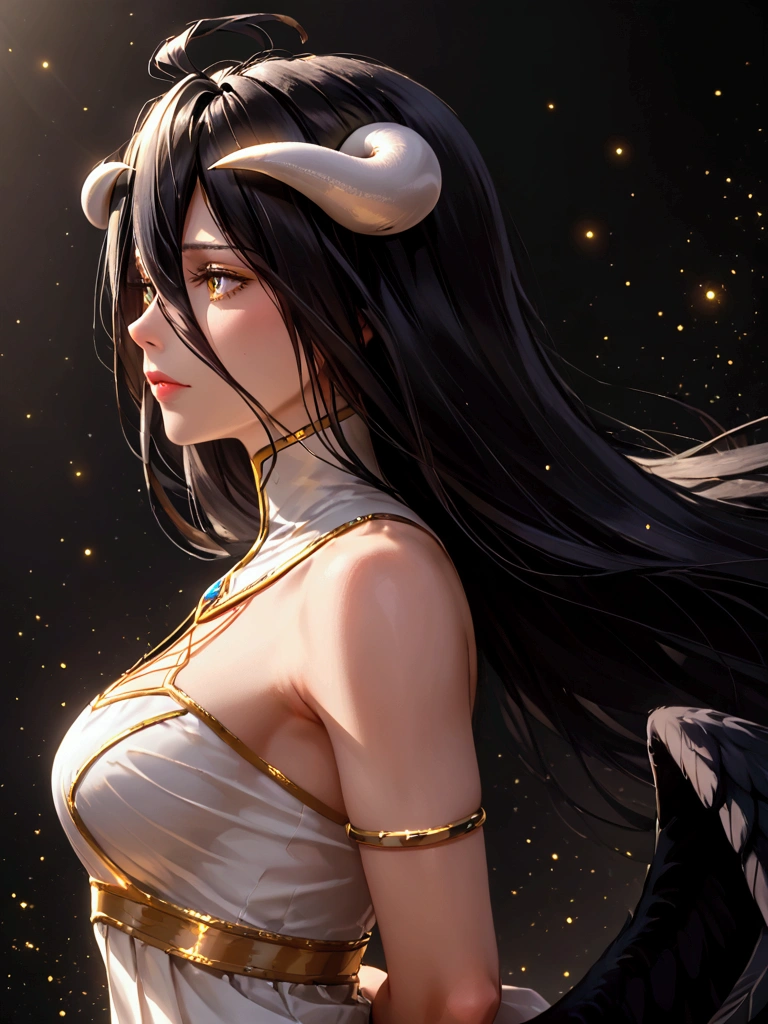 A high resolution, Sharp focus, Pixiv masterpiece, ((Intricate details)), Highly detailed, 1girl, Black wings, Gold-white dress, White horns, Albedo_Overlord, Black hair, (Low wing,:1.1), Upper body, black background, gold dust, gold sparks, gold particles, ((arms behind back)), 