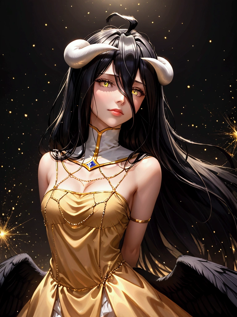 A high resolution, Sharp focus, Pixiv masterpiece, ((Intricate details)), Highly detailed, 1girl, Black wings, Gold-white dress, White horns, Albedo_Overlord, Black hair, (Low wing,:1.1), Upper body, black background, gold dust, gold sparks, gold particles, ((arms behind back)), 