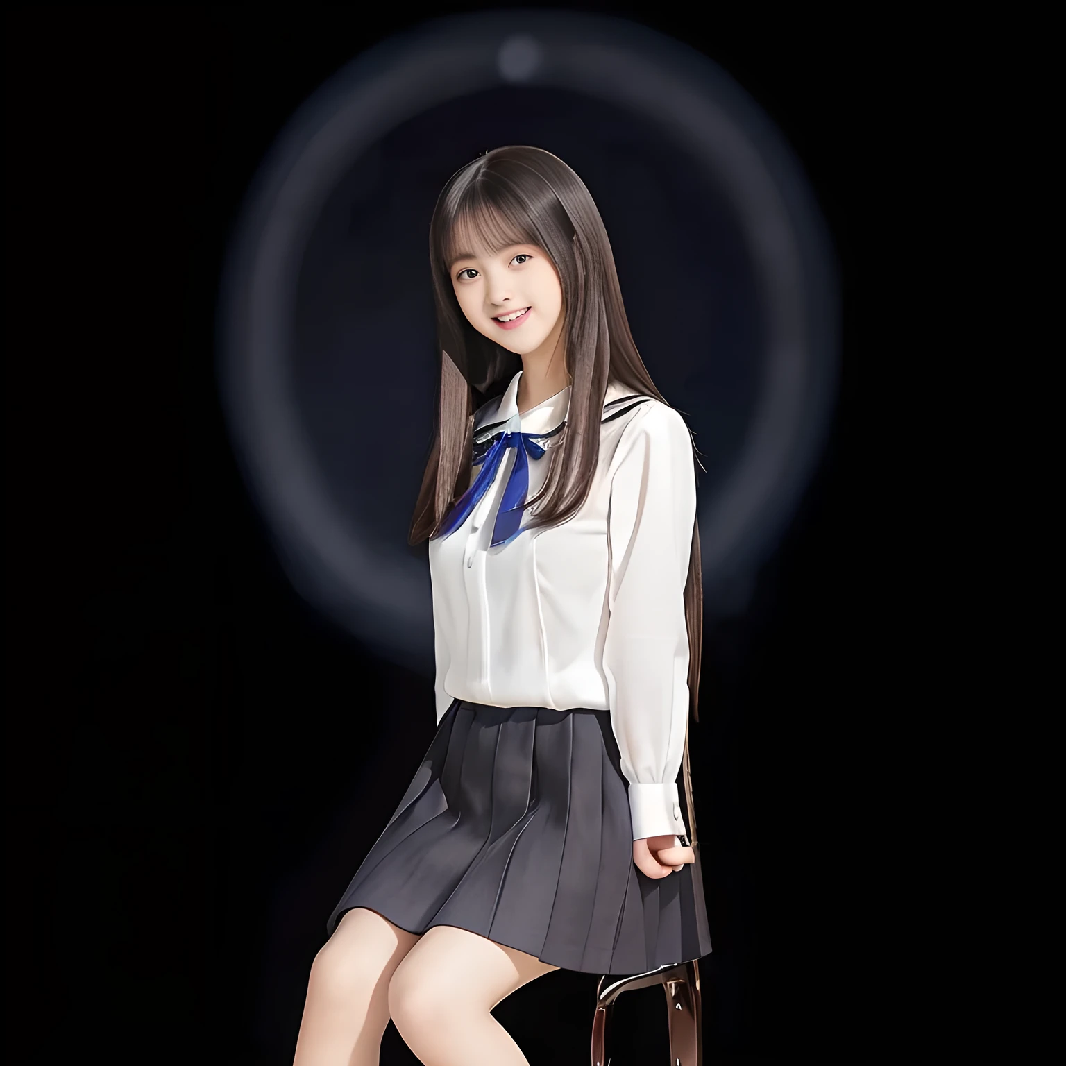 (Highest quality, masterpiece:1.2), Highest quality, High resolution, 1080P, 8k, height: 158cm, (A yo Japanese beautiful fashion model is seated, cute skirt with beautiful knees, putting her hands front and beautiful fingers, looking at the viewer, can't stop showing cute smile open mouth because of feeling too funny about the viewer, very white-white face, very proud of her long straight hair, using face-whitening cosmetics, prominent cool eyes, opened laughing giggling most open mouth, too expensive luxurious feminine frilled ivory silk blouse, luxurious navy-checkered-pleats-school-skirt and bewitching ribbon on the breast, well-straitened super-super-long well-trimmed long hair: 1.5), (white thighs and knees: 1.7), (Well-balanced, prominent, lovely, drooping, double-eyelids, brown shiny large prominent eyes with detailed: 1.5), ((Beautiful well-figured glossy opened laughing lips: 1.2)), (mature breast), (Girl whom everyone loves because of her beauty and beautiful eyes and lovely fashion and noble manner), (Very beautiful, glossy, cute neat black amazingly long hair, straight well-done long hair-style: 1.3), (Drives me crazy for her glossy neat long hair and make me fall into love), (plain blue background: 1.6), (Best style like a 14 fashion model, mature breast), (((Completely balanced beautiful big big eyes, looking at me))), (eyes, face and hair are especially beautifully detailed and beautifully drawn: 1.5), (Satisfactory best shot by professional famous photographer for school girl's beauty: 1.5), (The soft white light clearly shows her face extremely white: 1.2), (Feel too luxurious and expensive, girly frilled), (Very soft laughing cheeks, very soft hands pulling the breast ribbon down, People who touch it feel eternal pleasure: 1.2), (Super long hair 14yo too much beautiful 14yo idol in Japan, luxurious girly fashion, shot from her side: 1.8)