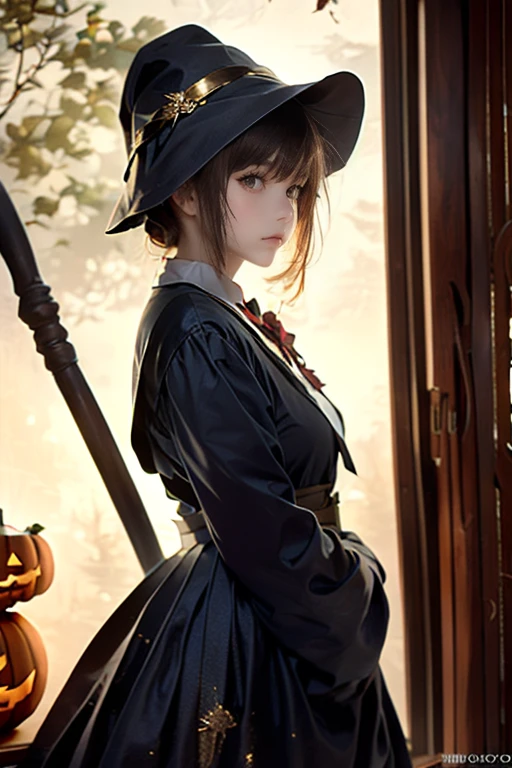 A soft, dream-like random shot of a young woman,
with blonde hair, long wavy hair
She is wearing a black witch hat with gold decorations
on it. Her dress is dark purple floral dress with puffed sleeves. dark puffy skirt ,
hand holding wooden broom
looking across her shoulder

Around her are Halloween-themed decorations ,

The setting is an eerie, gothic Halloween scene with carved jack-o'-lanterns and dried hay surrounding her in a dimly lit, antique room filled with wooden furniture.

The background is softly blurred,
creating a bokeh effect,
with sunlight gently illuminating the scene.
sunlight on her skin

Style: Realistic photography with a dreamy, soft focus effect,
capturing the essence of beauty and nature in harmony.

Lighting: Natural lighting,
creating soft shadows and highlights on the model's face and surroundings.

The overall mood of the image is peaceful and serene.

random shot ,