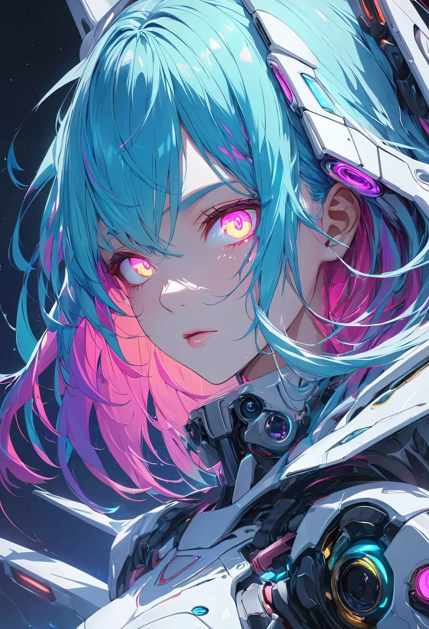 glowing eyes, colourful glowing hair, gradient hair, anime style, high detail, Futurism, glowing light, UHD, retina, masterpiece, ccurate, anatomically correct, textured skin, super detail, high details, high quality, award winning, best quality, highres