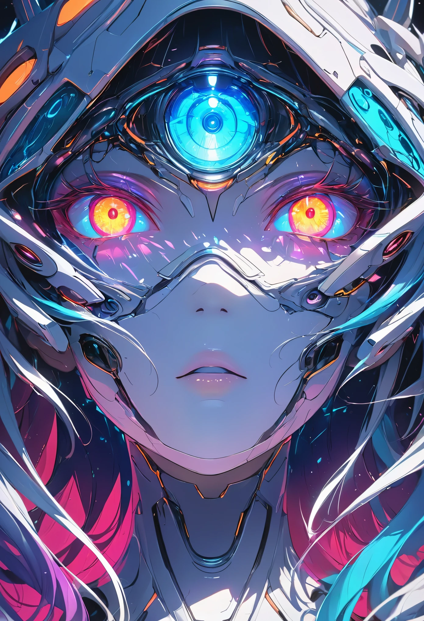 glowing eyes, colourful glowing hair, gradient hair, anime style, high detail, Futurism, glowing light, UHD, retina, masterpiece, ccurate, anatomically correct, textured skin, super detail, high details, high quality, award winning, best quality, highres