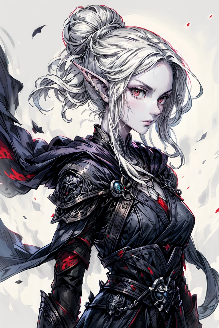 drow,white hair, female, pointy ears, solo, Calm slightly smile, elf, red eyes, long hair, colored skin, white hair, pale skin, silver jewelry, earrings, hair bun, short hair, bare shoulders, profile, upper body, from side, piercing, artist name, ear piercing, nose, lipasterpiece, best quality)), art by greg rutkowski
