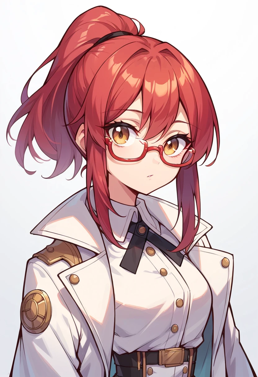 Odette Carmine, red glasses, thin waist, looking at viewer, upper body, coat, white coat, ponytail, solo