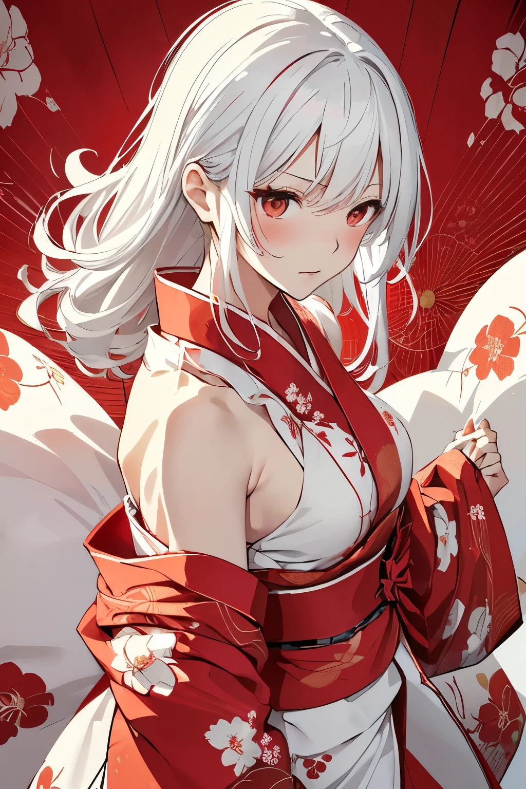    Japanese Women, Japanese-style room , upright posture ,  pleasant expression , (((Red fabric,white floral kimono))) COMPLETE ANATOMY ,Best Quality,On the futon,((( slightly brownish white hair, hair that reaches the shoulders ))), (((rotate,spread arms))),(((Spinning woman ,dancing))), (((Red fabric,white floral kimono)))