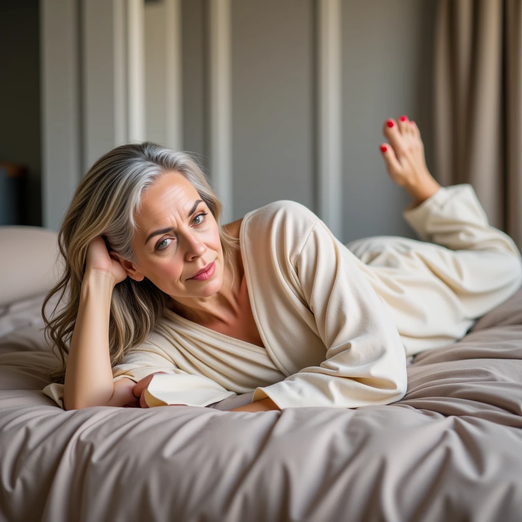 full body Mature woman 55 years old lying on bed in pajama pants, white blouse, bare feet with red nail polish